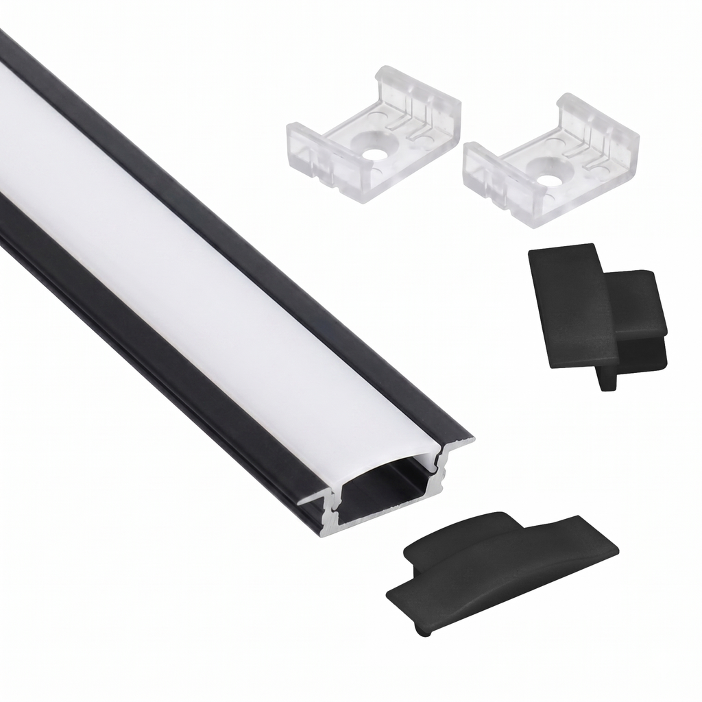 Perfil de Aluminio para Luz Led Embutir Negro con Difuminador Blanco 3 metros 