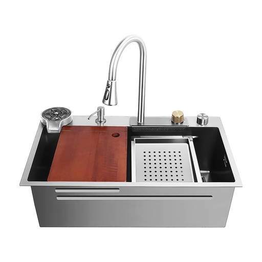 [FRE.01.12] Fregadero Multifuncional Una Tina Acero Inoxidable Brushed Sobre Tope 75x46x22
