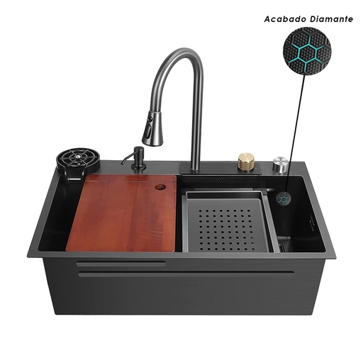 [FRE.01.25] Fregadero MultiFunciónal Una Tina Acero Inoxidable Negro Diamante Sobre Tope 75x46x22