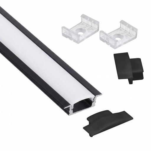 [ILU.02.17] Perfil de Aluminio para Luz Led Embutir Negro con Difuminador Blanco 3 metros 